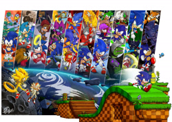 Size: 2280x1612 | Tagged: safe, artist:swirlything, arctur the dragonkin, bokkun, bunnie rabbot, cinos the anti-sonic, flicky, grounder, johnny lightfoot, knuckles the echidna, manik the hedgehog, metal sonic, miles "tails" prower, nicky, nicole the handheld, sally acorn, scourge the hedgehog, scratch, shadow the hedgehog, sonia the hedgehog, sonic the hedgehog, super scourge, super shadow, super sonic, zonic the zone cop, green hill zone, everyone is here, facepalm, ring, sunflower, super form, television bomb, totem pole
