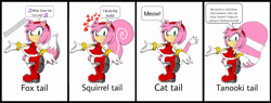 Size: 1280x485 | Tagged: safe, artist:nhwood, amy rose, cat, fox, squirrel, amy's halterneck dress, dialogue, redesign, species swap, tanuki
