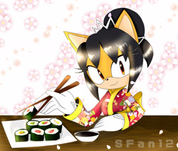 Size: 1600x1354 | Tagged: safe, artist:sfan12, honey the cat, sakura blossoms, sushi, yukata