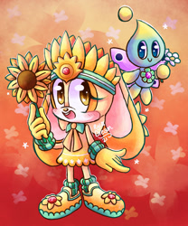 Size: 1024x1230 | Tagged: safe, artist:rylxdream, cheese (chao), cream the rabbit, flower, spring cream outfit, sunflower