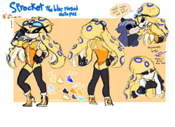 Size: 1310x953 | Tagged: safe, artist:numypome2, mimic the octopus, oc, oc:sprocket the blue ringed octopus, black sclera, character sheet, dialogue