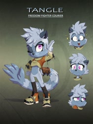 Size: 1211x1600 | Tagged: safe, artist:nex, tangle the lemur, lemur, knothole team, abstract background, character sheet, crop top, crying, hand on hip, redesign, sparkles, standing, wink