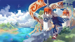 Size: 3840x2160 | Tagged: safe, sonic the hedgehog, clouds, daytime, ocean, seaside hill