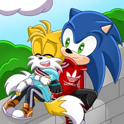 Size: 768x768 | Tagged: safe, artist:xxleahencexx, miles "tails" prower, sonic the hedgehog, adidas, duo, hoodie