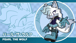 Size: 1280x720 | Tagged: safe, artist:kidd-kai, oc, oc:pearl the wolf, wolf, echo background, english text, japanese text, looking at viewer, one fang, sonic channel wallpaper style