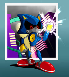 Size: 1280x1420 | Tagged: safe, artist:kamicciolo, metal sonic, black sclera, cityscape, looking at viewer, nighttime