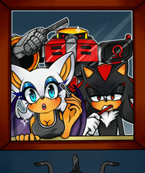 Size: 1024x1220 | Tagged: safe, artist:sweetwisp, e-123 omega, rouge the bat, shadow the hedgehog, bathroom, looking at viewer, mirror, team dark, toothbrush