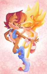 Size: 1198x1881 | Tagged: safe, artist:pesky-pincushion, sally acorn, sonic the hedgehog, super sonic, eyes closed, sally x sonic, shipping, straight, super form