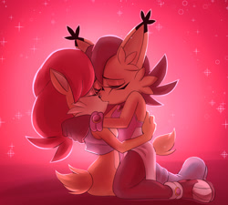 Size: 1830x1648 | Tagged: safe, artist:huwon, nicole the hololynx, sally acorn, duo, eyes closed, holding each other, kiss, lesbian, nicole x sally, sally's vest and boots, shipping, sparkles