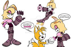 Size: 1280x854 | Tagged: safe, artist:t-vict101, bunnie rabbot, miles "tails" prower, redesign, shaking hands, sketch page, watermark