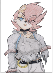 Size: 850x1170 | Tagged: safe, artist:dashinthedark, sally acorn, fishnets, hair over one eye, partially roboticized, redesign, ring