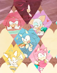 Size: 833x1062 | Tagged: safe, artist:msg02, amy rose, knuckles the echidna, miles "tails" prower, rouge the bat, shadow the hedgehog, sonic the hedgehog, ..., amy's halterneck dress, chaos emerald, chili dog, rouge's heart top