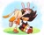 Size: 1500x1207 | Tagged: safe, artist:ambersonic96, artist:mizuki miart, cream the rabbit, shadow the hedgehog, hedgehog, rabbit, archie sonic online, bunny ears, duo, female, grass, male, question mark, sitting, standing, standing on one leg, treads