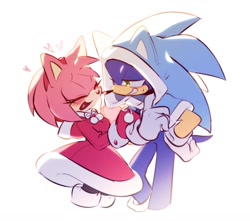 Size: 1300x1150 | Tagged: safe, artist:weon1119, amy rose, sonic the hedgehog, hoodie, laughing
