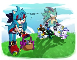 Size: 2000x1548 | Tagged: safe, artist:auntymoira, oc, oc:aggressive the hedgehog, oc:purity the hedgehog, chao, clouds, daytime, dialogue, easter, easter egg