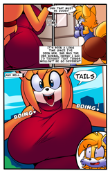 Size: 1303x2048 | Tagged: source needed, suggestive, artist:denizen1414, artist:superbunnygt, miles "tails" prower, zooey the fox, comic, dialogue, gender swap, hyper breasts, looking at viewer, sfx
