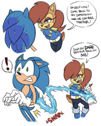 Size: 960x1200 | Tagged: safe, artist:chauvels, alicia acorn, sonic the hedgehog, dialogue, sfx, whip