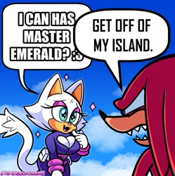 Size: 850x852 | Tagged: safe, artist:jadegullyzone, knuckles the echidna, rouge the bat, cat, angry, dialogue, looking at each other, rouge the cat, sparkles, species swap