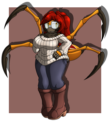 Size: 1709x1865 | Tagged: safe, artist:sonicno1fanatic, oc, oc:zoey the spider, spider, busty oc, glasses, looking offscreen, solo, sweater