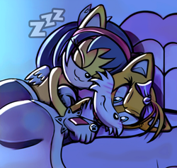 Size: 600x568 | Tagged: artist needed, source needed, safe, honey the cat, miles "tails" prower, cat, fox, bed, bow, duo, gender swap, half r63 shipping, holding them, honails, lesbian, sleeping, zzz
