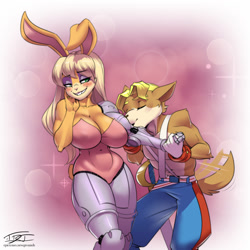 Size: 1200x1200 | Tagged: safe, artist:epictones, antoine d'coolette, bunnie rabbot, antoine's bandoliers, busty bunnie, kiss, tail wagging