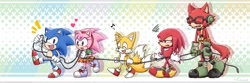 Size: 1500x500 | Tagged: safe, artist:lorese c1881, amy rose, gadget the wolf, knuckles the echidna, miles "tails" prower, sonic the hedgehog, amy's schoolgirl outfit, classic style, laughing