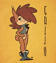 Size: 2334x2625 | Tagged: safe, artist:foxnroll, sally acorn, hair over one eye, sally's vest and boots, solo, style emulation