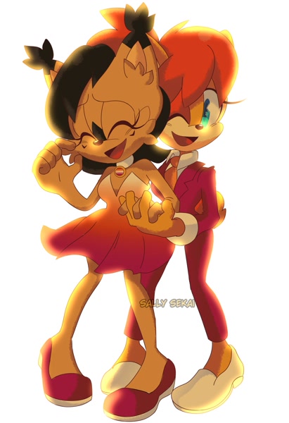 Size: 1403x2048 | Tagged: safe, artist:sekaiuwu, nicole the hololynx, sally acorn, featured image, holding hands, lesbian, lesbian pride, nicole x sally, pride, shipping, suit