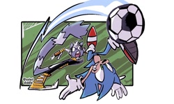 Size: 1000x600 | Tagged: safe, artist:soleildiddle, sonic the hedgehog, tangle the lemur, 30 days sonic, soccer ball, sports, tangle's running suit