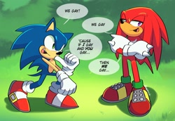 Size: 2048x1412 | Tagged: safe, artist:nagemzcat, knuckles the echidna, sonic the hedgehog, echidna, hedgehog, arms folded, daytime, dialogue, duo, english text, gay, knuxonic, lidded eyes, meme, mouth open, outdoors, redraw, shipping, smile, speech bubble, standing
