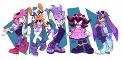 Size: 2048x1000 | Tagged: safe, artist:loopbunnysart, amy rose, blaze the cat, rouge the bat, shadow the hedgehog, wave the swallow, crossdressing, group