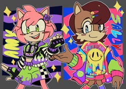 Size: 1376x980 | Tagged: safe, artist:sauritart, amy rose, sally acorn, 90s style, abstract background, duo