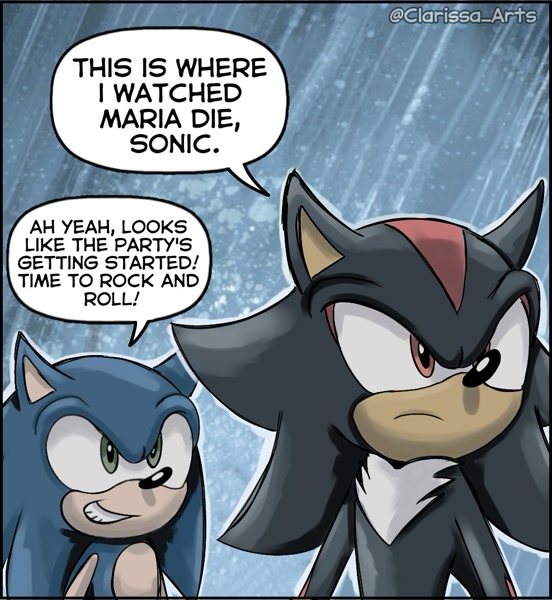 2154 - safe, artist:clarissa_arts, shadow the hedgehog, sonic the hedgehog,  dialogue, meme, rain 