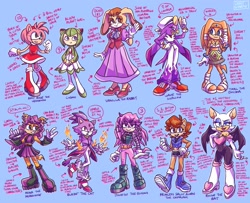 Size: 2048x1662 | Tagged: safe, amy rose, blaze the cat, cosmo the seedrian, julie-su, mina mongoose, rouge the bat, sally acorn, tikal, vanilla the rabbit, wave the swallow, amy's halterneck dress, blaze's tailcoat, rouge's heart top