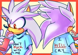 Size: 1400x1000 | Tagged: safe, artist:thechaosspirit, silver the hedgehog, drinking, solo, tshirt