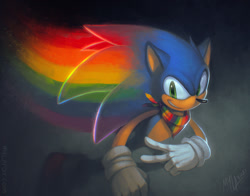 Size: 1280x1006 | Tagged: safe, artist:mylafox, sonic the hedgehog, featured image, pride, rainbow, running, solo, v sign