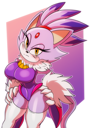 Size: 1433x1990 | Tagged: suggestive, artist:solratic, blaze the cat, blaze's tailcoat, blushing, busty blaze, hands on hips, looking at viewer
