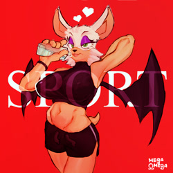 Size: 1280x1280 | Tagged: safe, artist:megaomega, rouge the bat, busty rouge, looking at viewer, water bottle, workout outfit