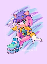 Size: 810x1104 | Tagged: safe, artist:aloakaloa, amy rose, 90s style, abstract background, looking at viewer, solo, solo jazz