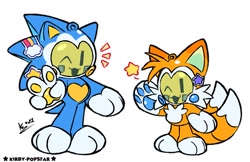 Size: 1985x1283 | Tagged: safe, artist:kirby stardream, miles "tails" prower, sonic the hedgehog, roboticized, tamogotchi, v sign, wink