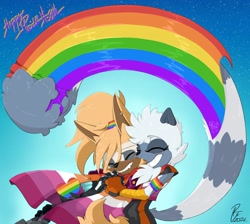 Size: 3444x3088 | Tagged: safe, artist:murrrawr, tangle the lemur, whisper the wolf, eyes closed, females only, holding each other, holding hands, lesbian, lesbian pride, pride, rainbow, shipping, tail hand, tangle x whisper