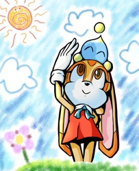 Size: 915x1128 | Tagged: safe, artist:artssmaco, cheese (chao), cream the rabbit, 30 days sonic, clouds, daytime, flower, sun