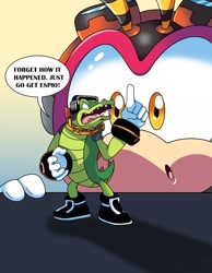 Size: 1200x1547 | Tagged: safe, artist:mikedrchaotix, charmy bee, vector the crocodile, 30 days sonic, dialogue, shrinking
