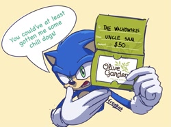 Size: 1483x1105 | Tagged: safe, artist:fronkus123, sonic the hedgehog, 30 days sonic, dialogue, featured image, olive garden, solo, that hedgehog sure loves chili dogs