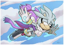 Size: 1055x750 | Tagged: safe, artist:giugabs, blaze the cat, silver the hedgehog, flying, holding them, shipping, silvaze