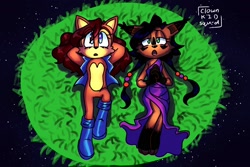 Size: 2048x1365 | Tagged: safe, artist:clownkidsquid, nicole the hololynx, sally acorn, 30 days sonic, duo, lesbian, nicole x sally, nicole's purple wraps, redraw, sally's vest and boots, shipping