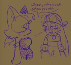 Size: 1368x1258 | Tagged: safe, artist:bl00doodle, rouge the bat, wave the swallow, blushing, dialogue, duo, lesbian, rouge's heart top, shipping, waveabetes, wavouge