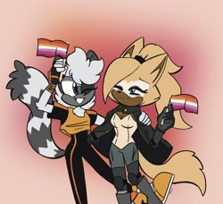 Size: 2486x2264 | Tagged: safe, artist:ambrosecae, tangle the lemur, whisper the wolf, females only, holding each other, lesbian pride, looking at each other, one fang, pride, tangle's running suit, wink