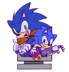 Size: 1138x1185 | Tagged: safe, artist:jovialnightz, sonic the hedgehog, 30 days sonic, boom style, classic style, duo, monitor