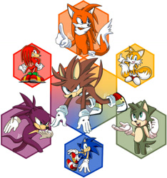 Size: 1024x1095 | Tagged: safe, artist:that-rae-of-sunshine, knuckles the echidna, miles "tails" prower, sonic the hedgehog, oc, oc:jaden ''mitts'' the echidfox, oc:manual the hedgehog, oc:mileal the hedgehog, oc:soles the echidna, echidna, fox, hedgehog, hybrid, porcupine, brown fur, echidfox, fusion, fusion:knuckles, fusion:sonic, fusion:tails, gloves, green eyes, green fur, group, hedgefox, hexafusion, long hair, orange fur, peach arms, peach fur, purple eyes, purple fur, red fur, short tail, small ears, sneakers, turquoise eyes, white background, white fur, white gloves, white tipped tail, yellow fur